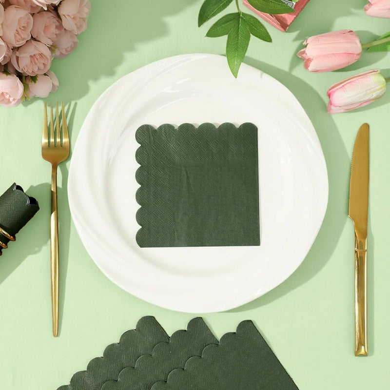 NatNarr 120 Pcs Cocktail Napkins Olive Green Napkins Disposable Scalloped Dessert Beverage Napkin Dark Green Dinner Napkin for Wedding, Bridal Baby Shower, Christmas, 5 x 5 Inch - Image 5